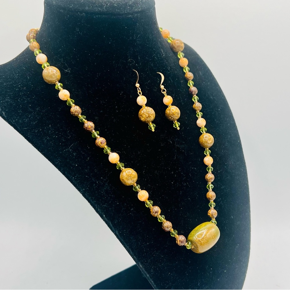 Handmade artisan gemstone bead necklace & earrings rich brown & green earthy